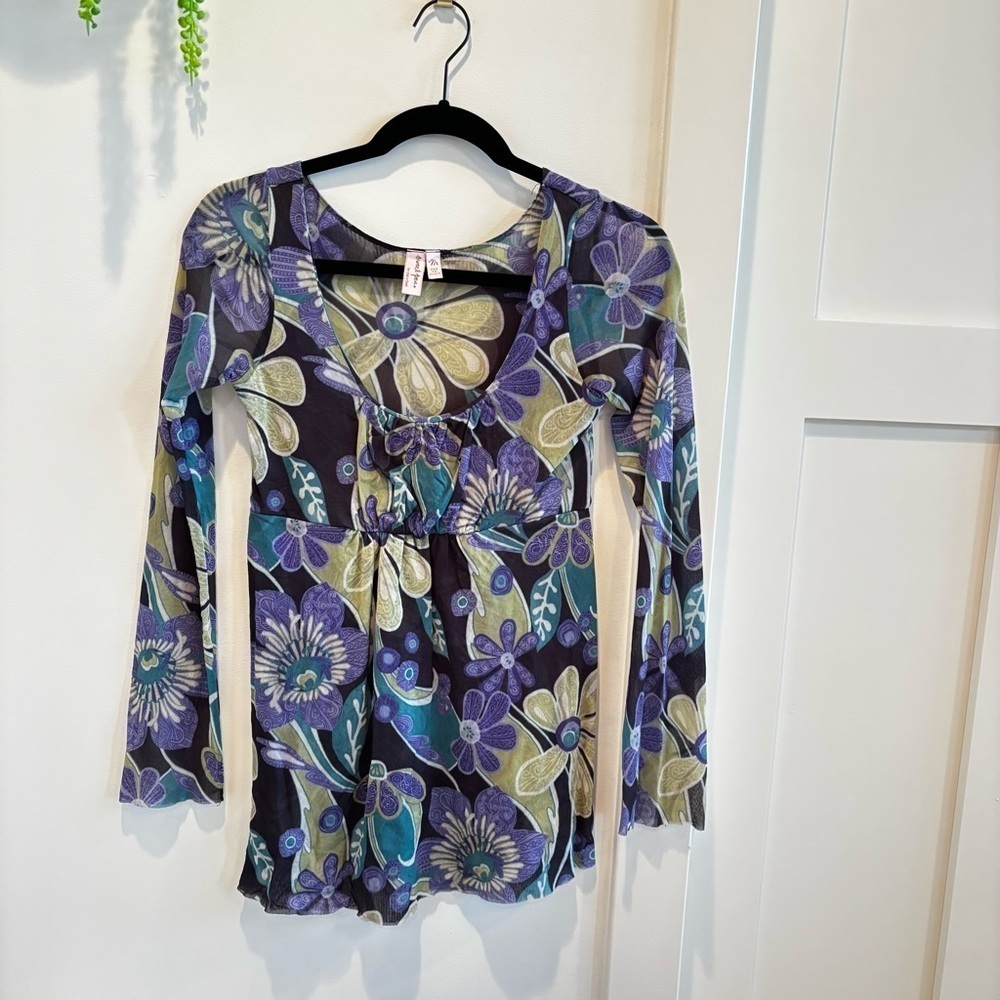 Sweet Pea by Stacy Frati Euro Micro Mesh Fairy Baby Doll Top Floral Print Size M